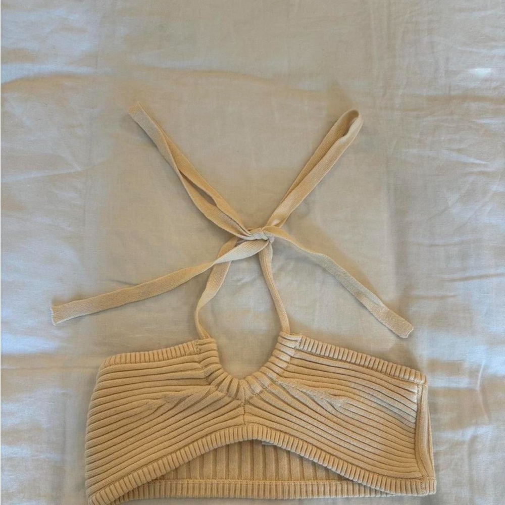 Urban Outfitters Beige Ribbed Halter Tie Crop Top Bralette